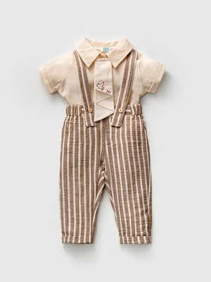 Noynoy Bebek Erkek Bebek Müslin Salopet Takımı - Çizgili Askılı Pantolon, Gömlek ve Kravatlı 3'lü Set 9 - 36 Ay
