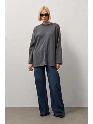 Molene Antrasit Oversize Kesim Uzun Kollu Basic T-Shirt