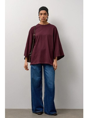 Molene Mürdüm Geniş Kollu Uzun Basic T-Shirt