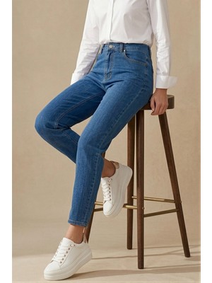 İmaj Butik Koyu Mavi Yüksek Bel Mom Jeans Pantolon