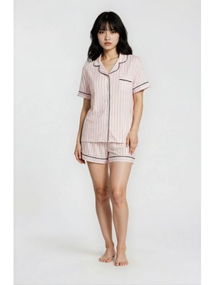 Ecrou Kadın Pudra Çizgili Viskon Bebe Yaka Kısa Kol Şort Pijama Set