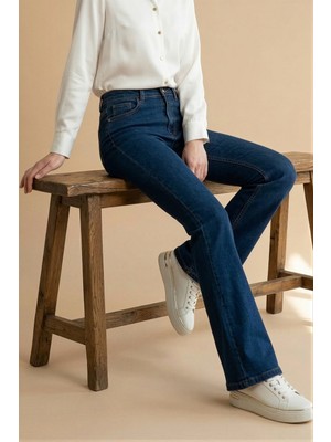 İmaj Butik Koyu Mavi Yüksek Bel Ispanyol Paça Jeans Pantolon