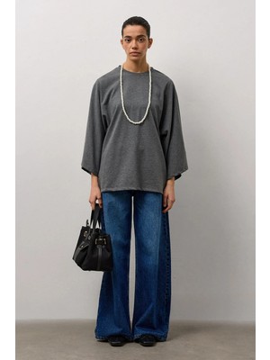 Molene Antrasit Geniş Kollu Uzun Basic T-Shirt