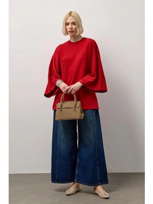 Molene Kırmızı Geniş Kollu Uzun Basic T-Shirt