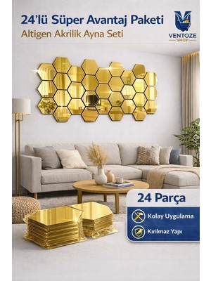 Ventoze 24 Adet Yapışkanlı Dekoratif Akrilik Ayna Seti | Duvar Dekoru Bal Peteği Ayna (8,5cm x 7,5cm