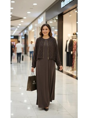 Nuss Ipek Cupra Ceketli Uzun Tasarım Elbise 2031 Kahve