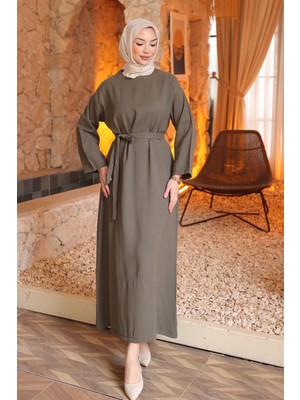 İmaj Butik Haki Beli Kuşaklı Rayon Tencel Elbise