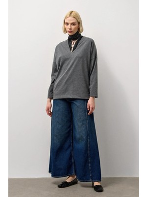 Molene Antrasit V Yaka Uzun Kollu Basic T-Shirt