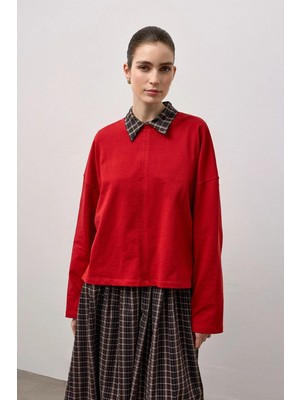 Molene Kırmızı Dikiş Detaylı Bisiklet Yaka Basic T-Shirt