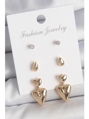 Bazarhane Pirinç Gold Renk Zirkon Taşlı Sallantılı Kalp Model 3 Çift Kadın Küpe Seti