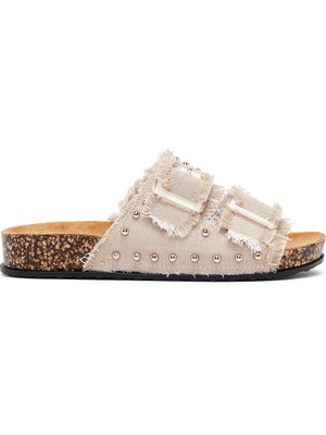 Derimod Kadın Bej Çift Tokalı Zımbalı Kumaş Terlik 26SFE40066F