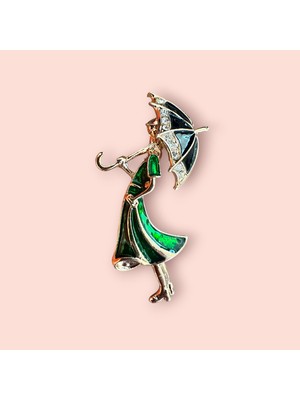 618 Concept Yeşil Elbiseli Şemsiyeli Kadın Broş