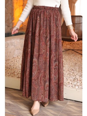 İmaj Butik Kahverengi Bel Lastikli Astarlı Şifon Etek