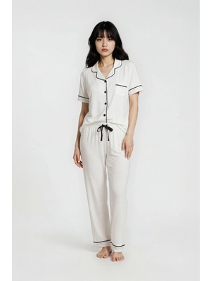 Ecrou Kadın Ekru Düz Viskon Bebe Yaka Kısa Kol Pantolon Pijama Set