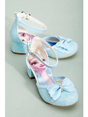 SGF Kids Mavi Çocuk Karakterli Deri Topuklu Abiye Ayakkabı Kadın İçin Kalın Taban