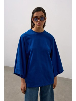 Molene Mavi Geniş Kollu Uzun Basic T-Shirt