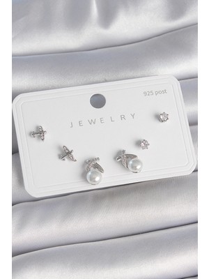 Bazarhane Pirinç Gümüş Renk Zirkon Taşlı Kelebek Model Inci Detay 925 Ayar Gümüş Çivi Kadın Küpe Seti