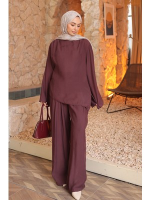 İmaj Butik Mürdüm Pile Detaylı Tunik Pantolonlu Takım