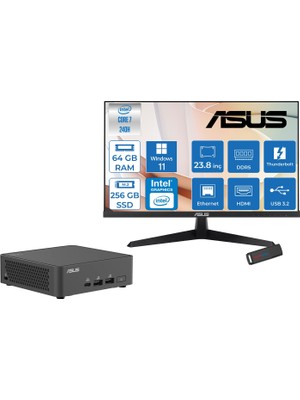 Asus Nuc 15 Pro Slim Kit Intel Core 7-240H 5.2ghz Up 64GB Ddr5 256GB SSD Intel® Graphics Asus 120Hz IPS 23.8 Fhd Mon. WIN11HOME Mini Masaüstü Bilgisayar RNUC15CRKC70000223H21+ZETTAUSBBELLEK