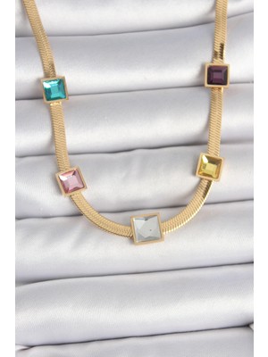 Bazarhane 316L Çelik Gold Renk Italyan Zincir Model Kare Renkli Zirkon Taşlı Kadın Kolye