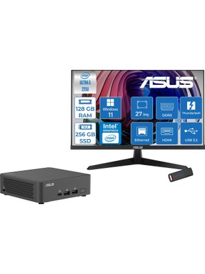 Asus Nuc 15 Pro Slim Kit Intel Core 5-225H 4.9ghz Up 128GB Ddr5 256GB SSD Intel® Graphics Asus 120Hz IPS 27 Inç Fhd Mon. WIN11HOME Mini Masaüstü Bilgisayar RNUC15CRKU50000227H36+ZETTAUSBBELLEK