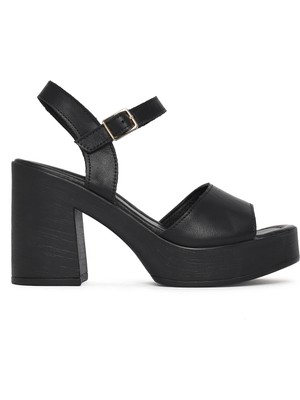 Derimod Kadın Siyah Tokalı Platform Kalın Topuklu Deri Sandalet 26SFD181718