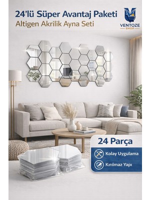 Ventoze 24 Adet Yapışkanlı Dekoratif Akrilik Ayna Seti | Duvar Dekoru Bal Peteği Ayna (8,5cm x 7,5cm