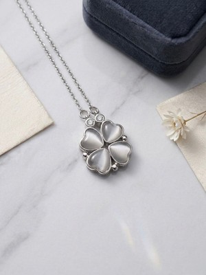 Meneva Aksesuar 2'si 1 Arada Açılır Kapanır Mıknatıslı Gümüş Silver Renk Çelik Yonca Kolye
