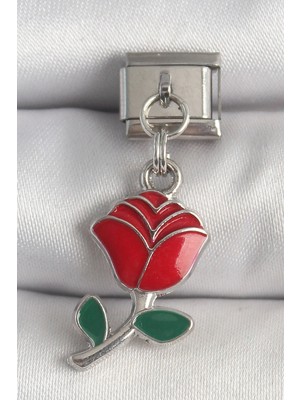 Bazarhane 316L Çelik Gümüş Renk Sallantı Kırmızı Gül Model Nomination Charm