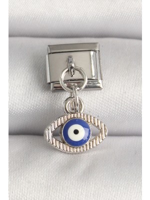 Bazarhane 316L Çelik Gümüş Renk Nazar Boncuk Detaylı Göz Model Nomination Charm