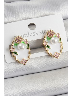 Bazarhane Pirinç Beyaz Mineli Inci Detaylı Sanatsal Portre Model Gold Renk Kadın Küpe