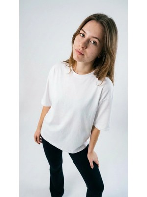 Hoxie kadın Oversize Düz Beyaz Renk Bisiklet Yaka Basic Tişört
