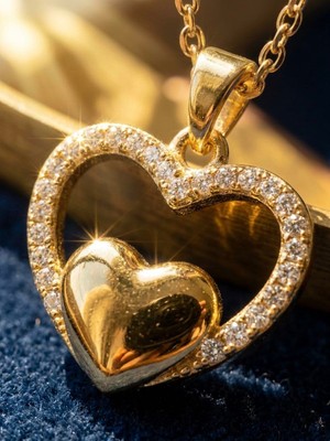 Meneva Aksesuar Işıltılı Çift Kalp Detaylı Altı Gold Renk Çelik Kolye