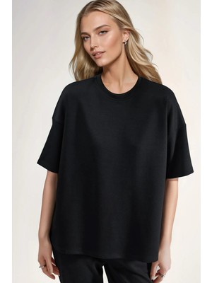 Hiccup Kadın Oversize Bisiklet Yaka Soft Touch Örme Tişört Siyah