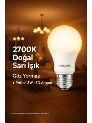 Philips 8W Doğal Sarı 2700K E27 LED Ampul – Abajur & Avize Için Huzur Veren Işık