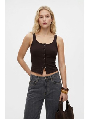 Ritnice Kadın Olivia Lux Touch U Yaka Çıtçıtlı Askılı Kahverengi Top / Bluz