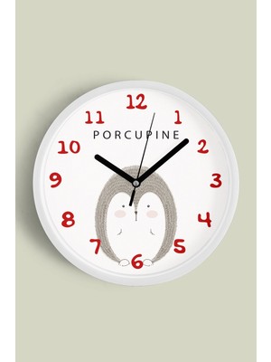 JHAAR Sevimli Kirpi Tasarımlı Çocuk Odası Duvar Saati - 25CM - Önü Camlı Beyaz Kasa