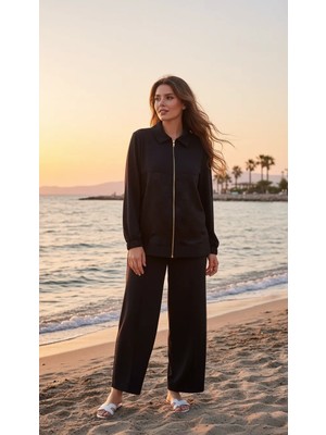 Nuss Desen Detay Pantolonlu Takım - 1048 Siyah