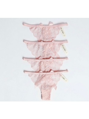 Zi 4 Adet 1 Paket Pudra Dantel Fiyonk ve Taş Detaylı Kadın Tanga Külot