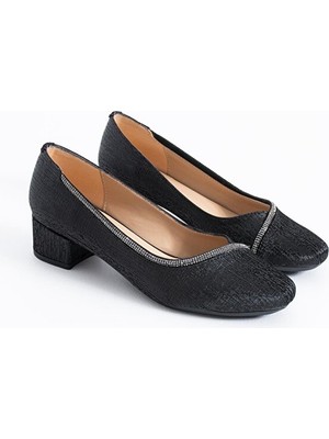 White Line 9906 Kadın Taşlı Kalın Kısa Topuklu Şık Ayakkabı Siyah