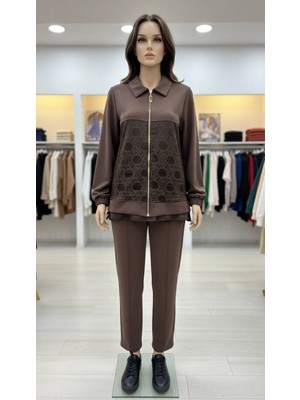 Nuss Desen Detay Pantolonlu Takım - 1048 Kahve