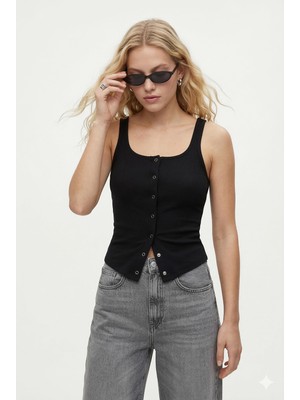 Ritnice Kadın Olivia Lux Touch U Yaka Çıtçıtlı Askılı Siyah Top / Bluz