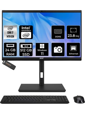Acer Veriton Intel Core I7 14700 24GB 512GB SSD 23.8" Fhd W11P All In One Bilgisayar & Per4 USB Bellek DQR1TSG003P392