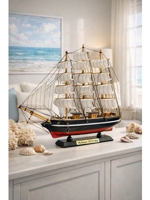 Kesene Isime Kişiye Özel Dekoratif Premium Ahşap El Yapımı Yelkenli Gemi Maketi 40X40 cm Biblo Hediye 532-A