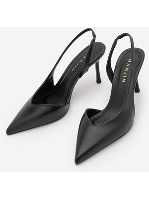 Marjin Kadın Stiletto Sivri Burun Arkası Açık V Yaka Atkılı Ince Topuklu Ayakkabı Esvin Siyah