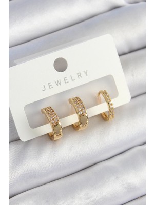 Bazarhane Pirinç Zirkon Taşlı Halka Model Gold Renk 3'lü Çift Kadın Küpe Set