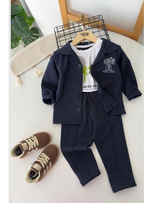 Miniğimin Cicileri Palm Nakış Detaylı Gömlek Ceketli Tişörtlü Erkek Çocuk 3’lü Kombin Takım - Lacivert