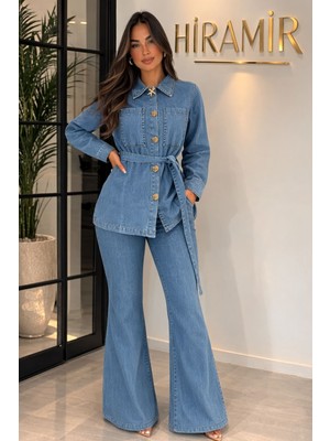 Hiramir Kadın Kot Takım Düğme Detaylı Kuşaklı Ceket Bol Paça Pantolon Takım YZ2521