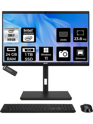 Acer Veriton i7 14700 All In One Bilgisayar 24GB RAM 1TB SSD 23.8" FHD Win11 Pro + Per4 USB DQR1TSG003P393