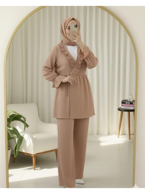 Modamorfo Kolu Lastikli Önü Fırfırlı Bağcıklı Krinkıl Kimono Takım -Somon